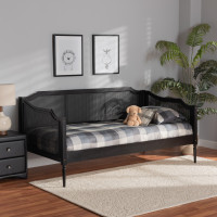 Baxton Studio MG0075-Black Rattan/Black-Daybed Hancock Mid-Century Modern Charcoal Finished Wood and Synthetic Rattan Twin Size Daybedn